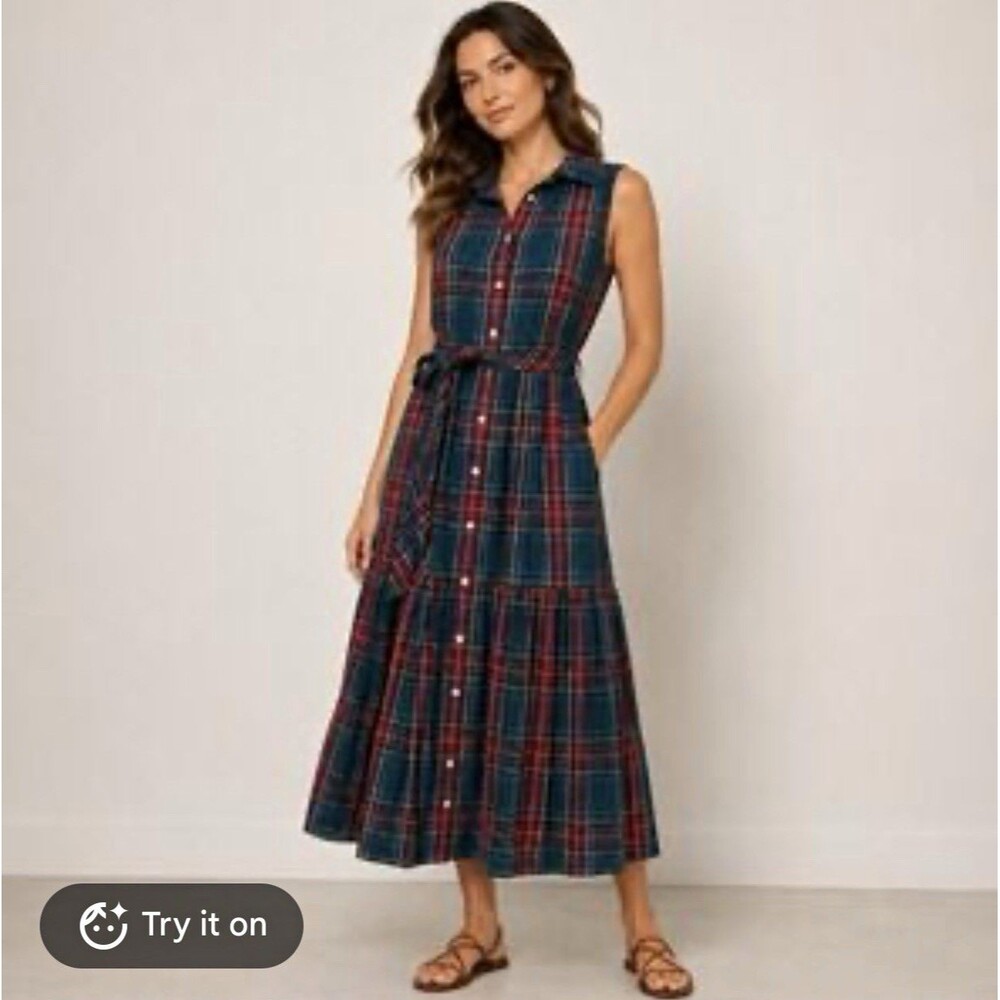 J. Crew Sleeveless Tartan Paid Midi Shirt Dress Size 4 Holiday Belted Classic